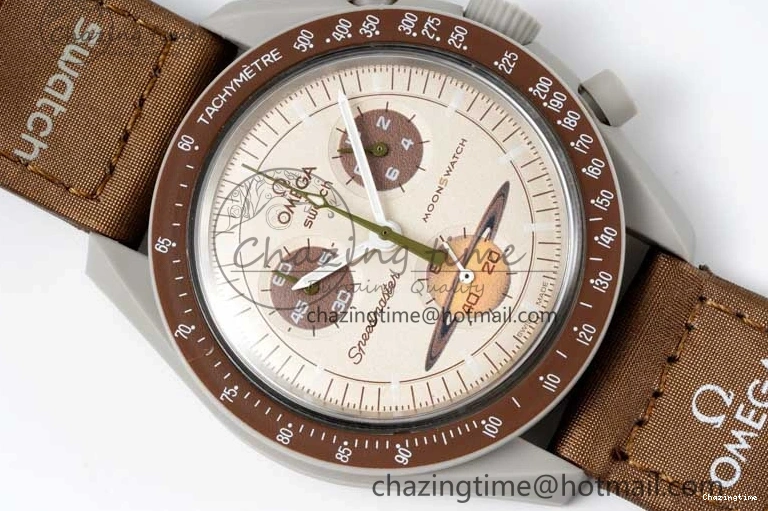 0418 Speedmaster Misson To Saturn 1:1 Best Edition Beige Dial On Nylon Strap Quartz Casual 7861